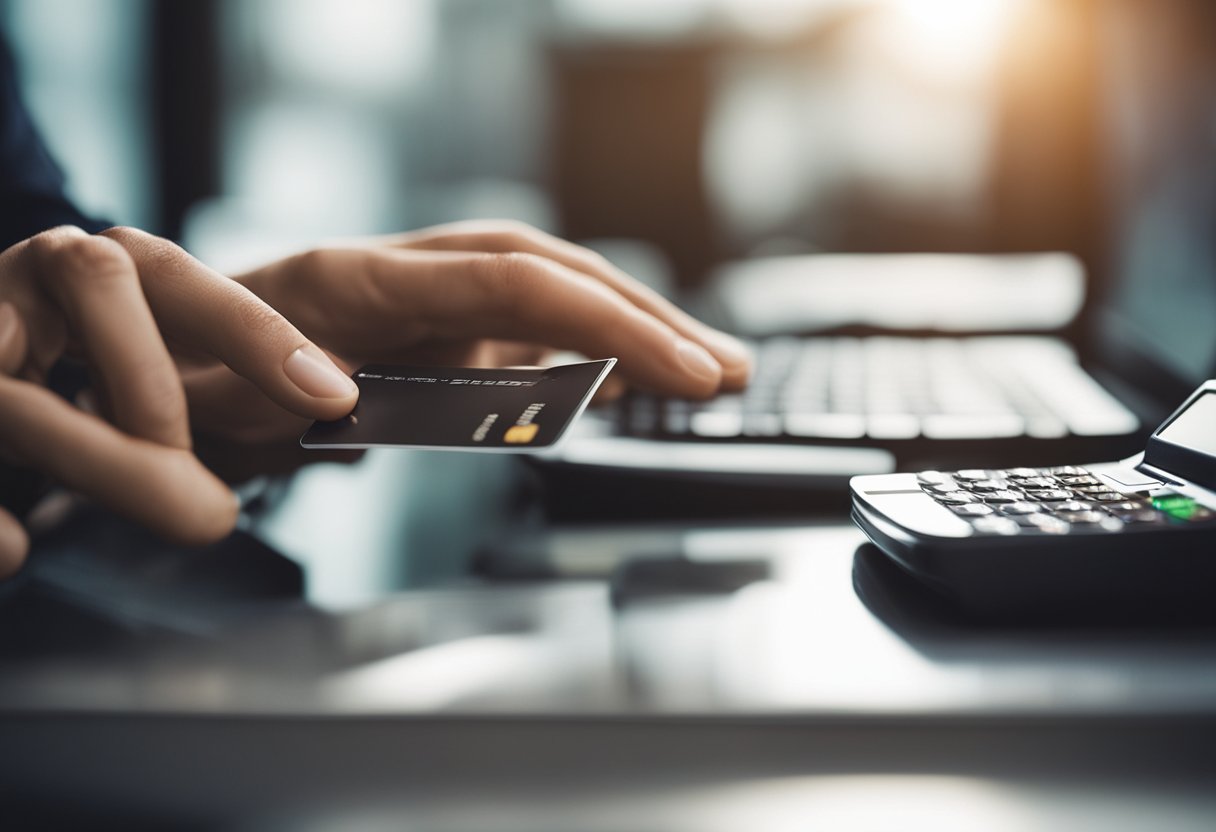 Uma pessoa gerenciando contas de cartão de crédito e transações financeiras