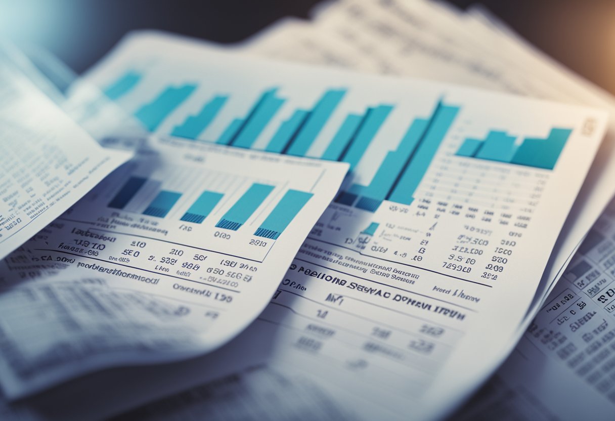 Uma pilha de documentos financeiros com um gráfico mostrando altas taxas de juros