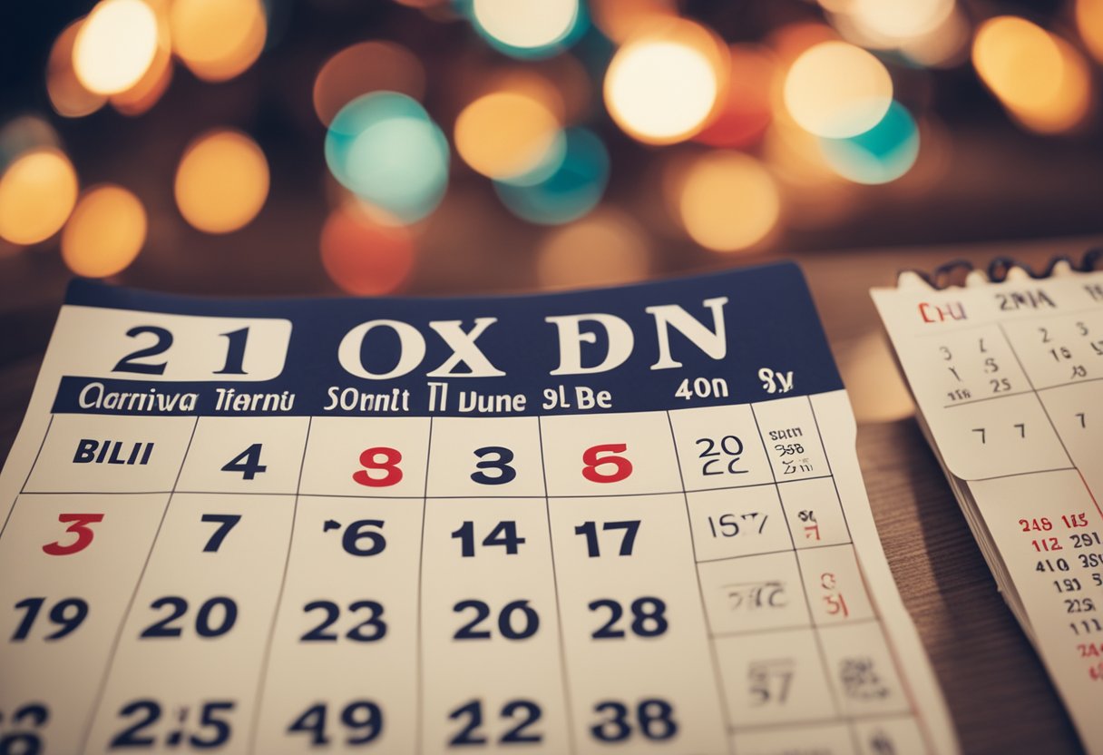 Um calendário com contas e decorações de carnaval, mostrando as datas de vencimento durante o carnaval