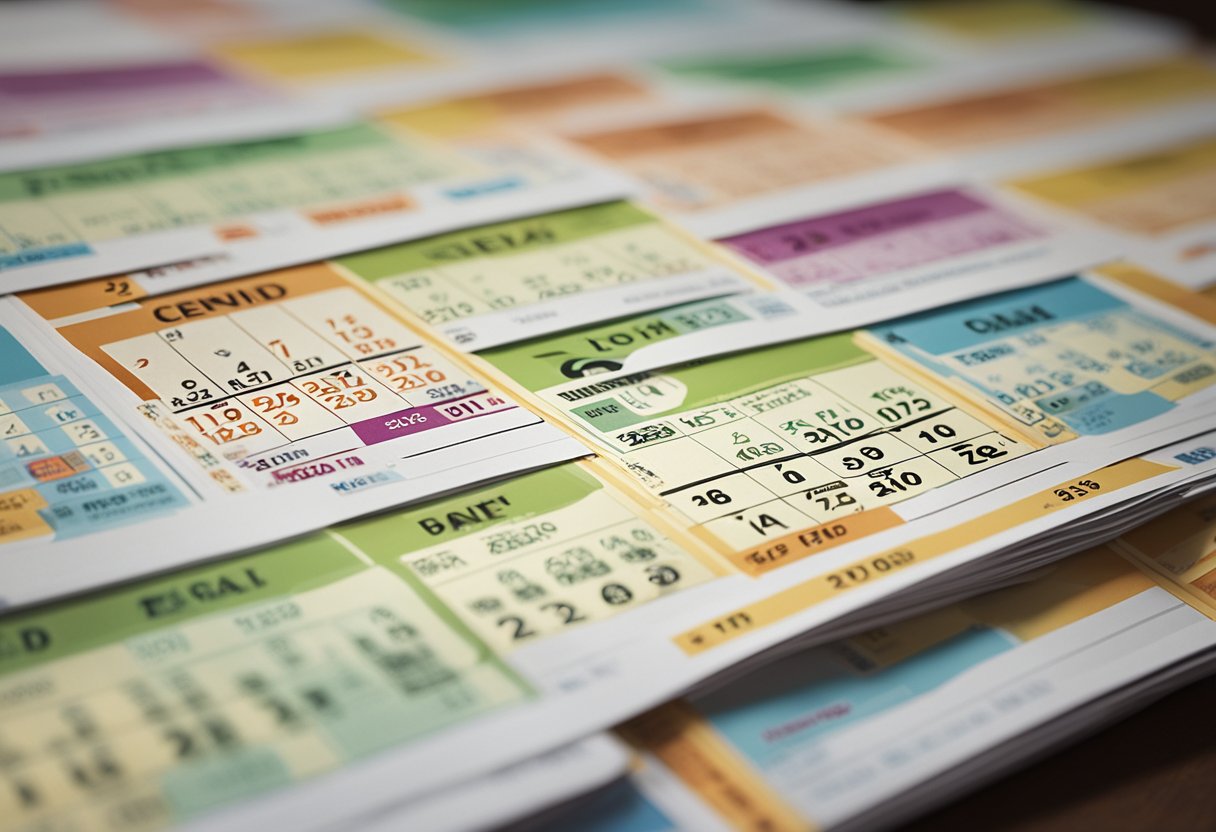 Um calendário com datas destacadas para o Carnaval e uma pilha de contas com datas de vencimento caindo nesses dias.