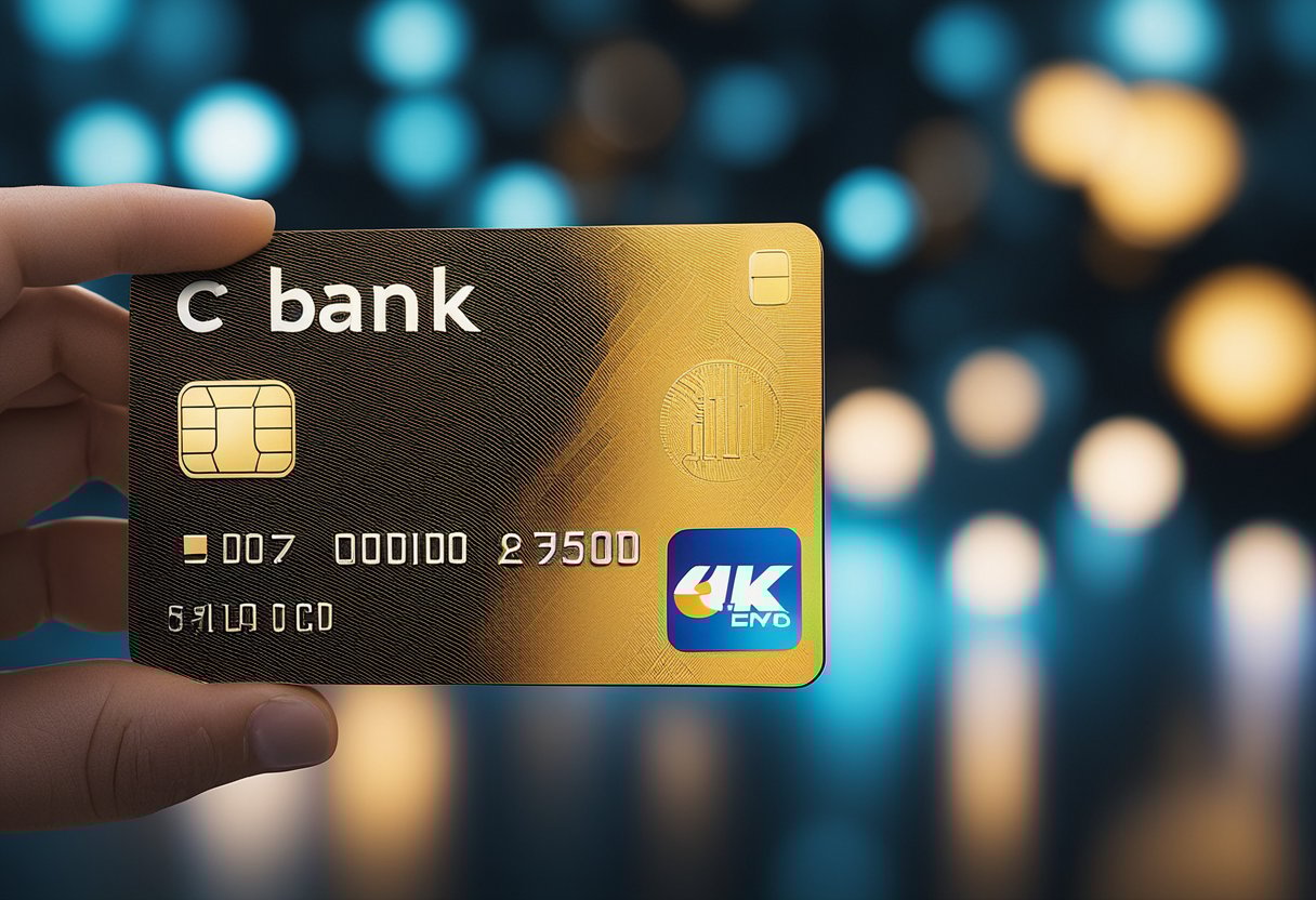 Um cartão do C6 Bank vibrante e chamativo, cercado por uma estética de design moderna e elegante.