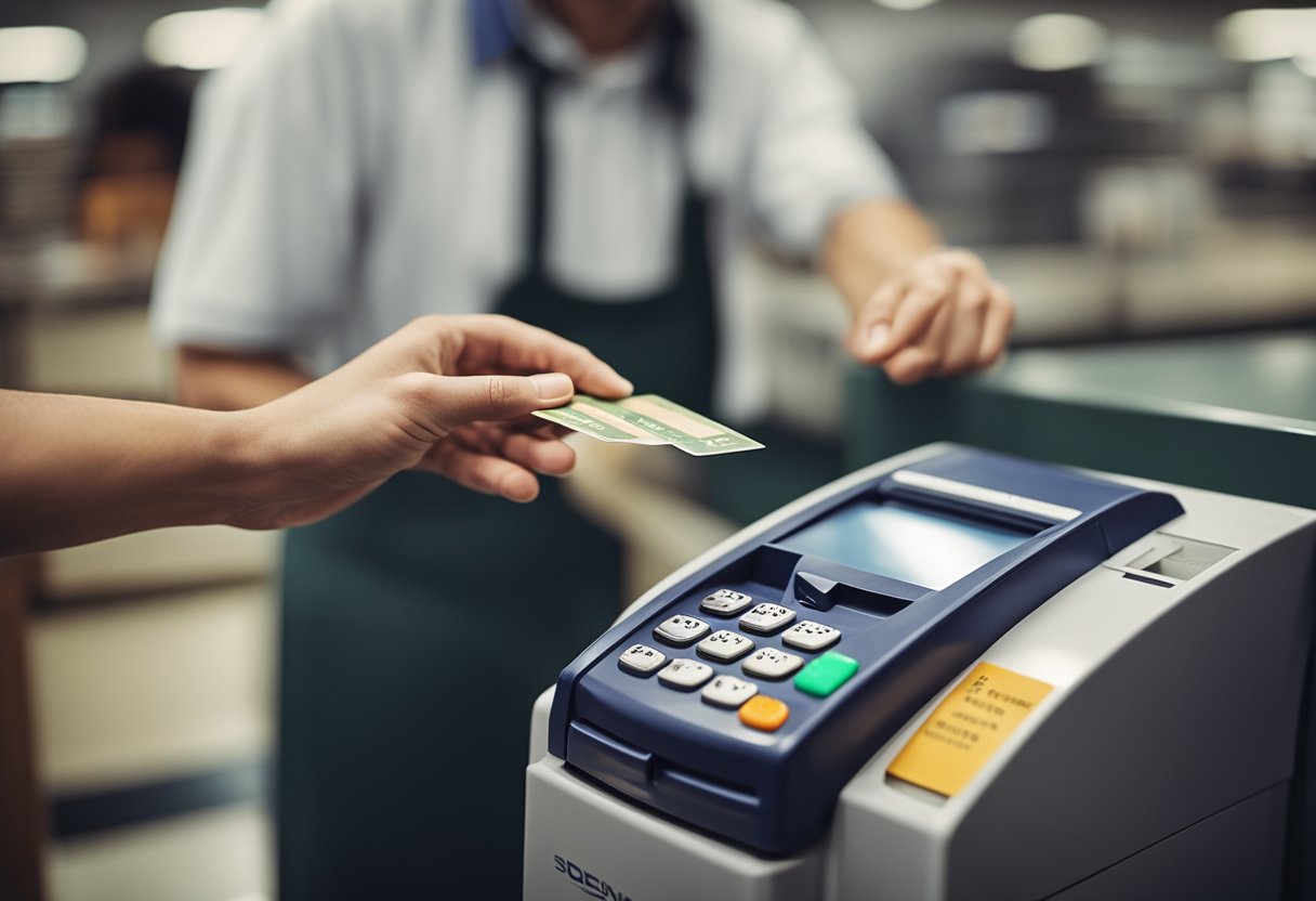 Uma pessoa passando um cartão de crédito em um balcão de serviço postal