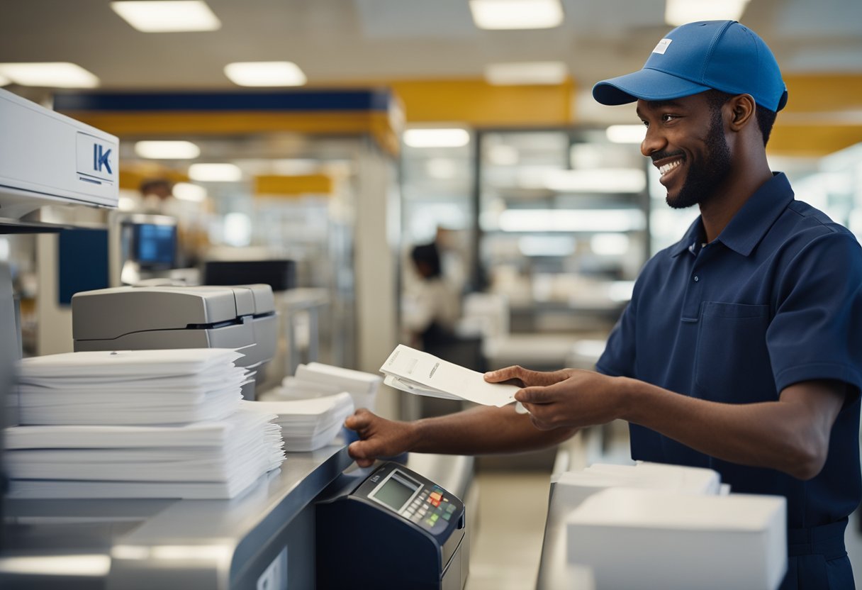 Um funcionário dos correios coletando uma pilha de envelopes e pacotes, enquanto um cliente passa um cartão de crédito no balcão.