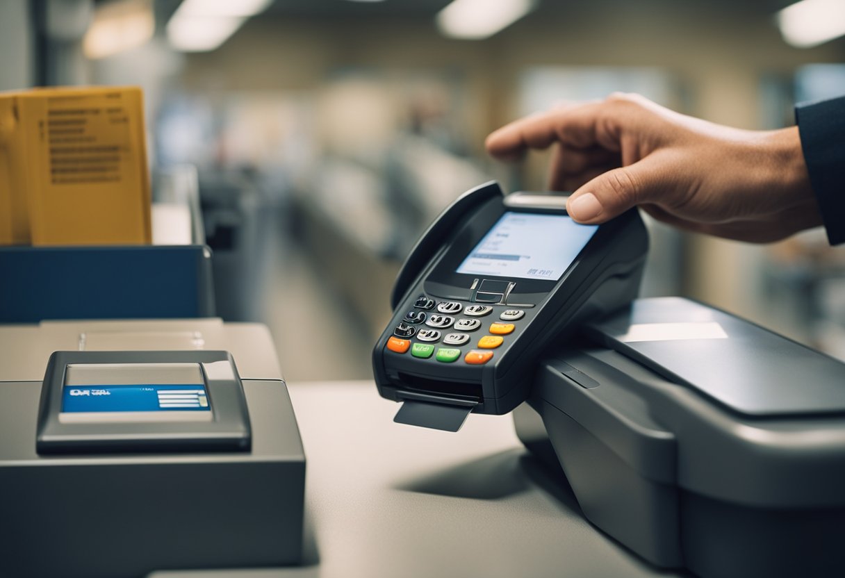 Um carteiro passando um cartão de crédito em um terminal de pagamento em uma agência dos correios