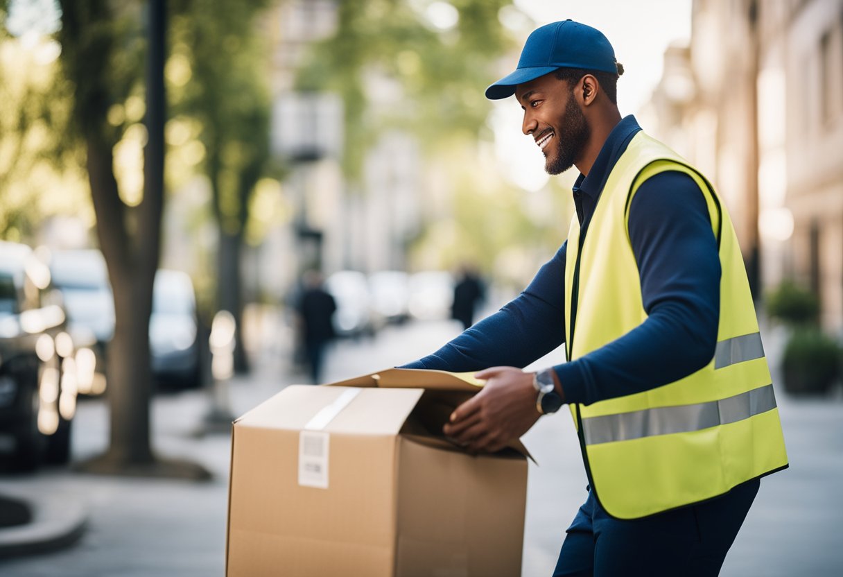 Um carteiro entrega um pacote em uma ensolarada manhã de sábado.