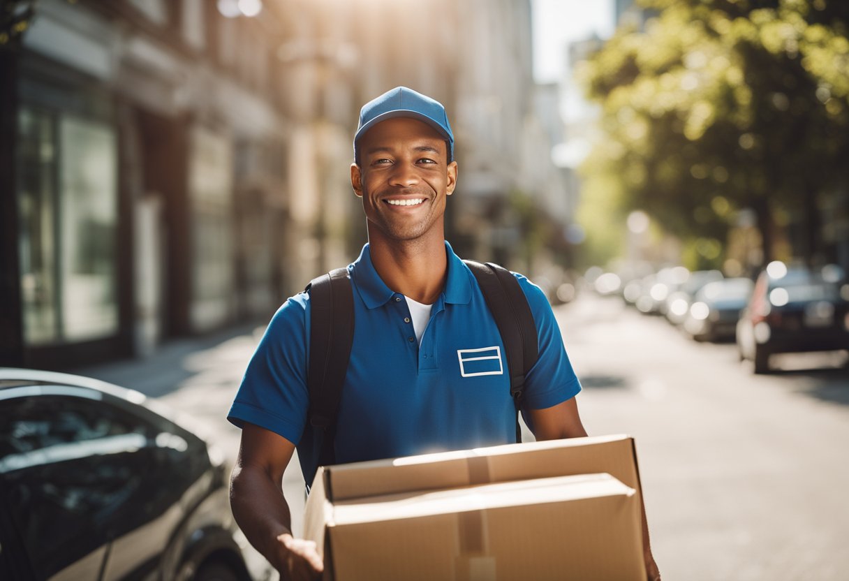 Um carteiro entrega pacotes em uma ensolarada manhã de sábado