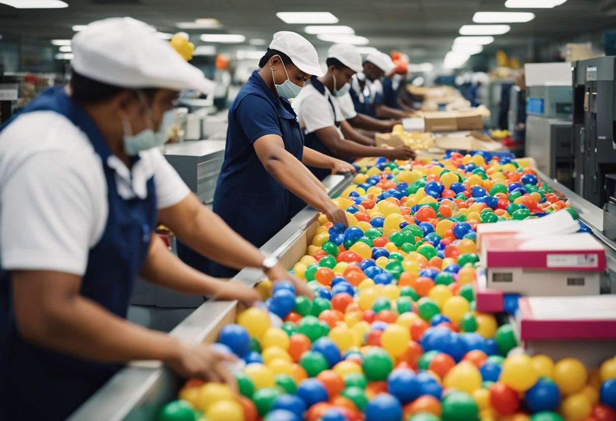 A movimentada agência dos correios durante o Carnaval de 2025, com trabalhadores separando e entregando pacotes em meio a decorações coloridas e música festiva.