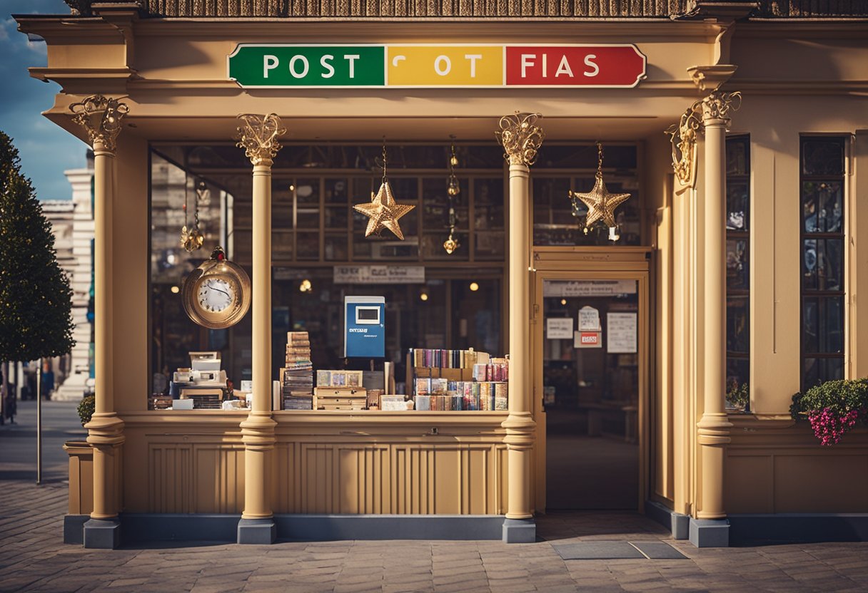 A agência dos correios durante o carnaval de 2025 com decorações festivas e uma placa indicando horários de funcionamento especiais
