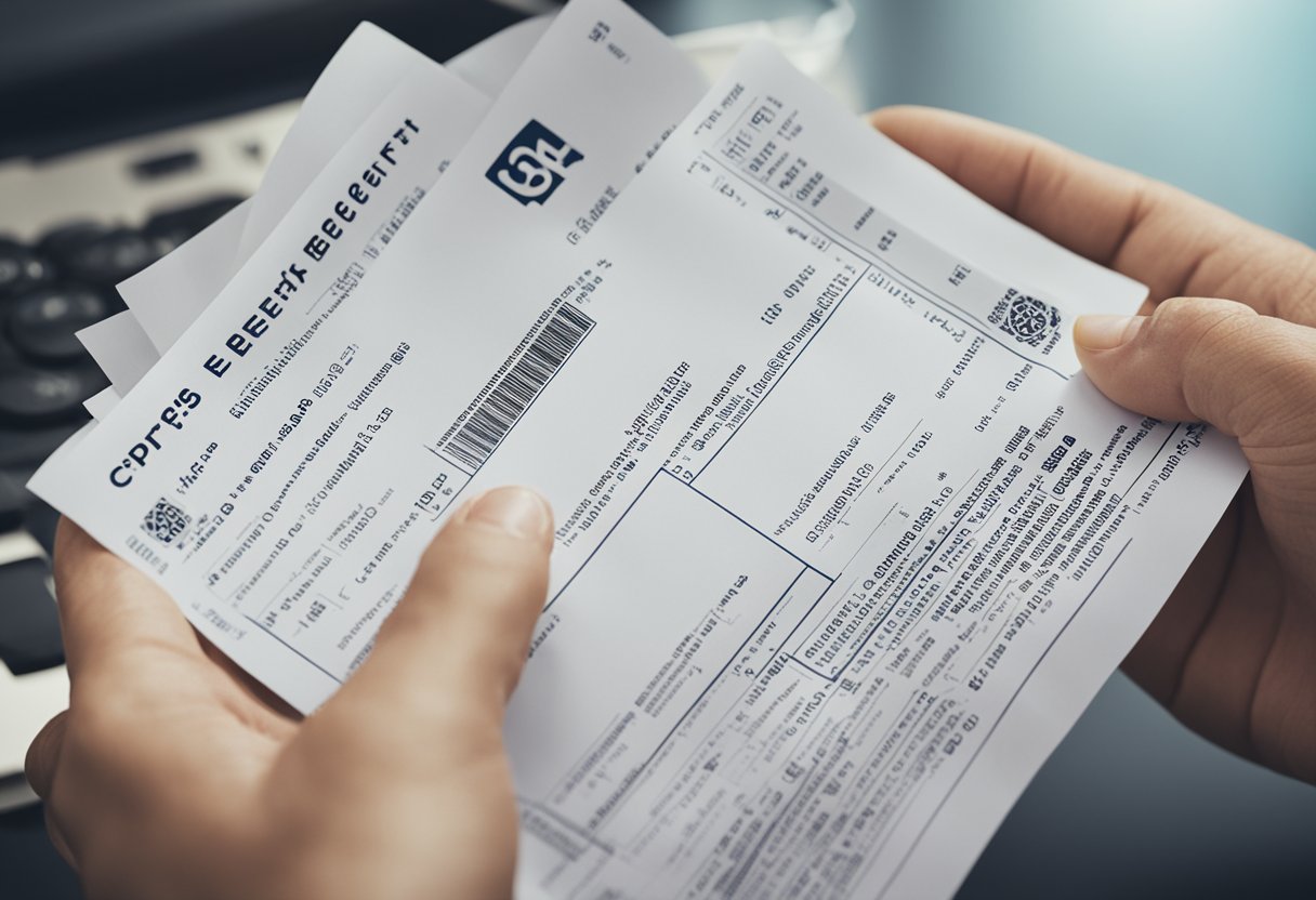 Uma pessoa recebendo um recibo com um número de CPF e uma lista de benefícios