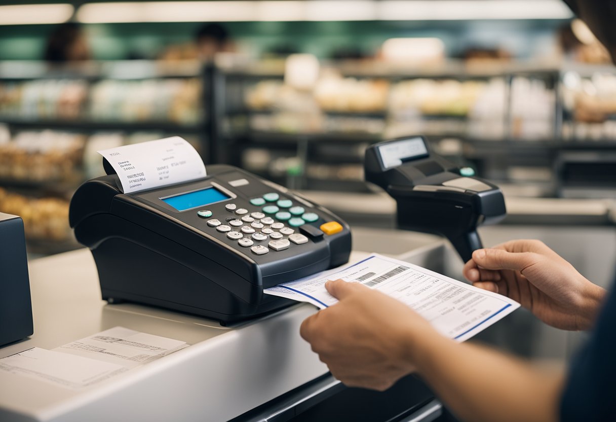 Uma pessoa no caixa, adicionando seu CPF a um recibo enquanto uma lista de benefícios paira ao fundo.