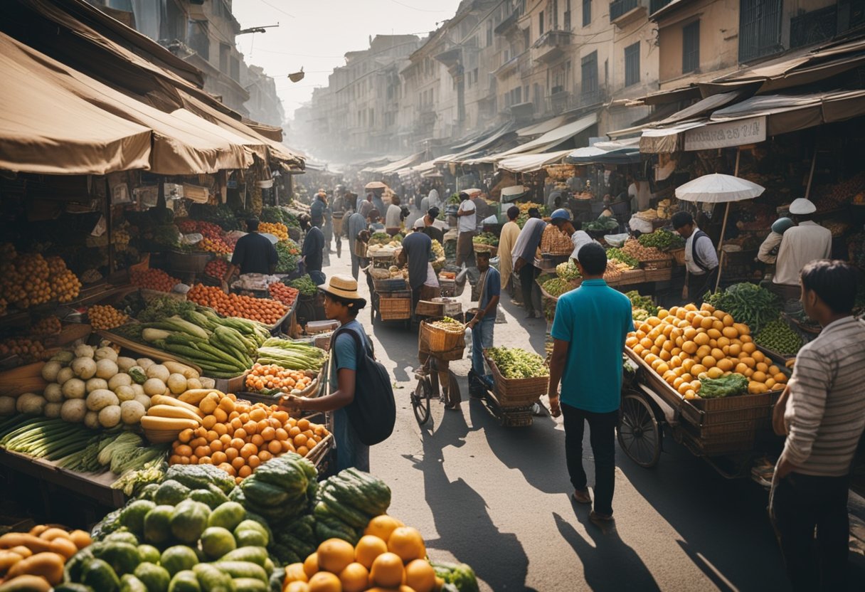 Um mercado de rua lotado com vendedores vendendo frutas e vegetais de seus carrinhos