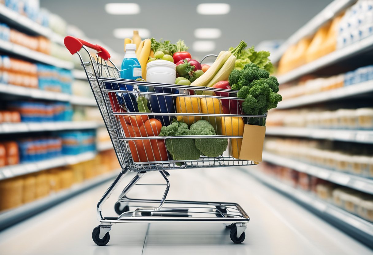 Um carrinho de compras elegante e moderno, cheio de vários itens, incluindo alimentos e produtos de limpeza, contra um fundo branco e limpo.