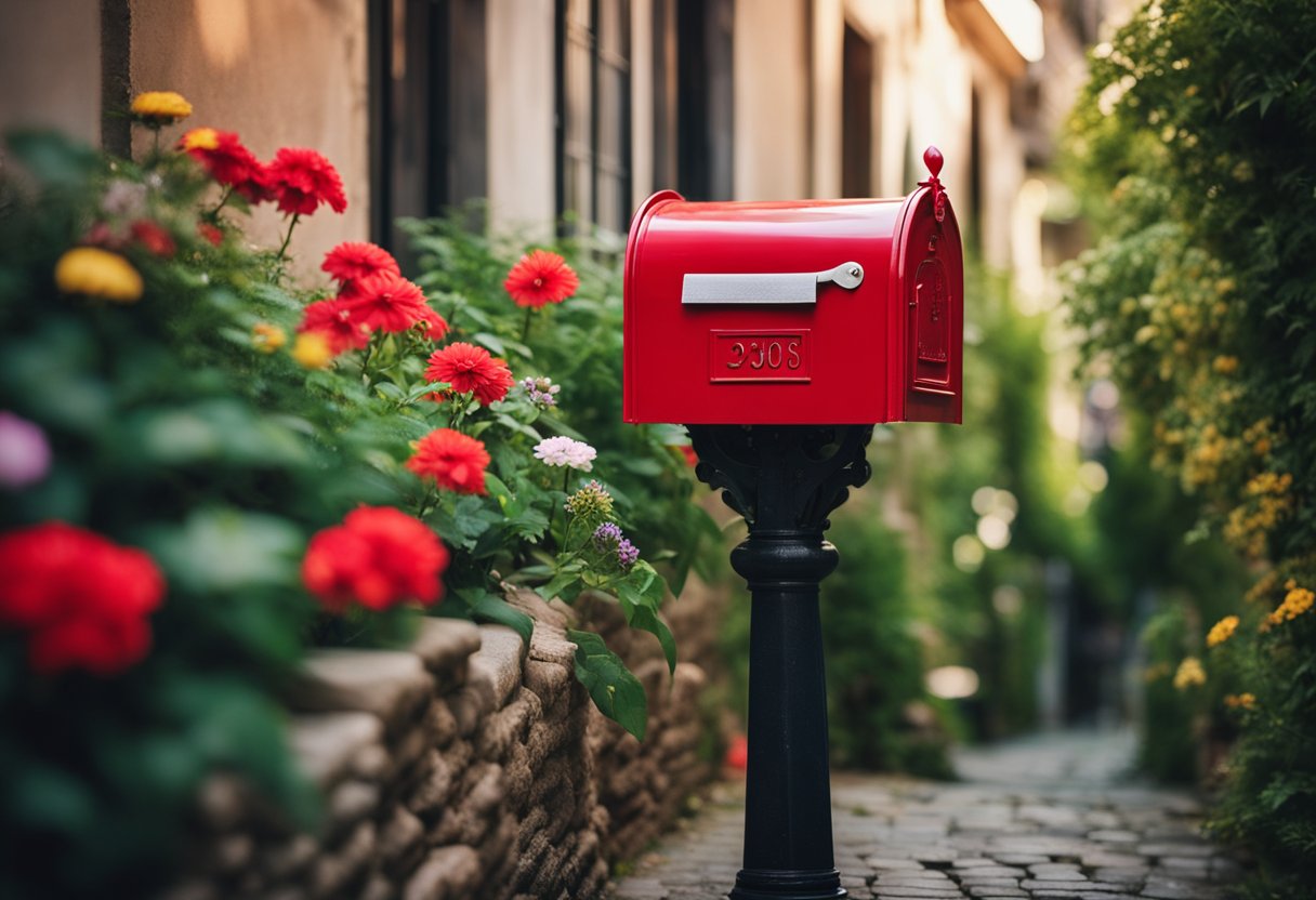 Uma pequena caixa de correio vermelha está situada em uma rua de paralelepípedos, cercada por flores coloridas e vegetação.