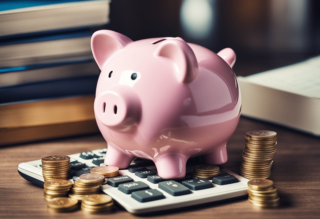 Um porquinho com uma fenda para moedas, cercado por documentos financeiros e uma calculadora