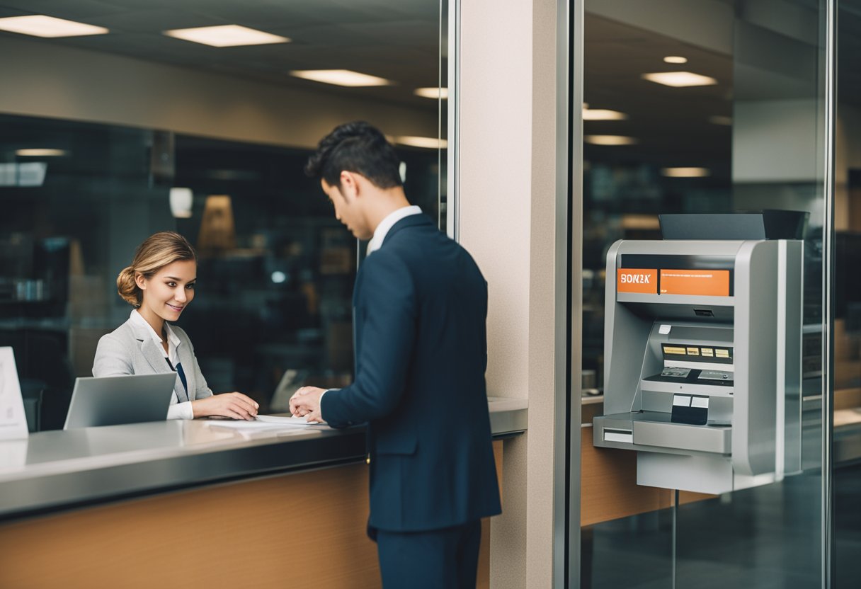 Uma pessoa entregando documentos na janela de um caixa do banco