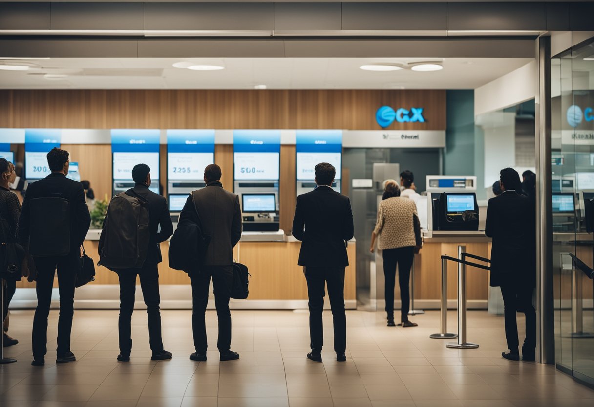 Um grupo de pessoas em pé na fila de uma agência do banco Caixa, esperando para acessar suas contas do FGTS (Fundo de Garantia do Tempo de Serviço)