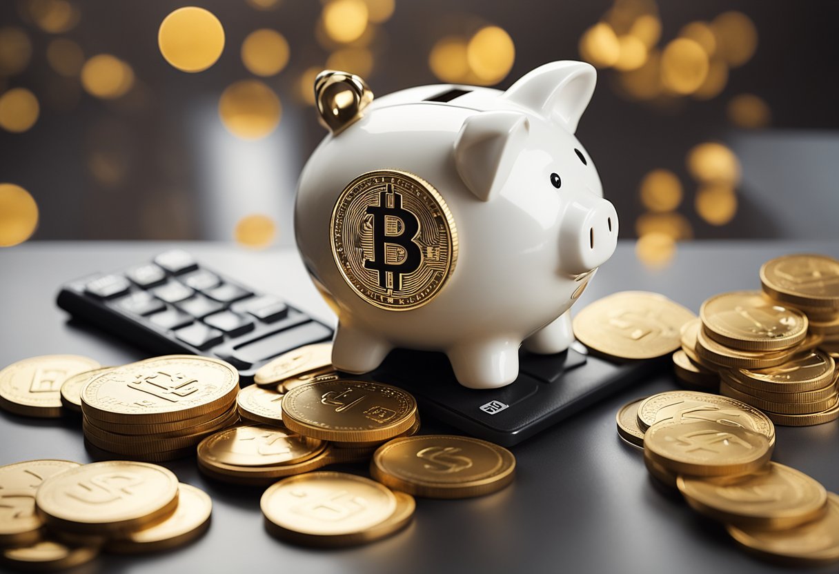 Uma pilha de moedas e um cofre com o logo do FGTS, cercados pelo logo da Caixa Econômica Federal