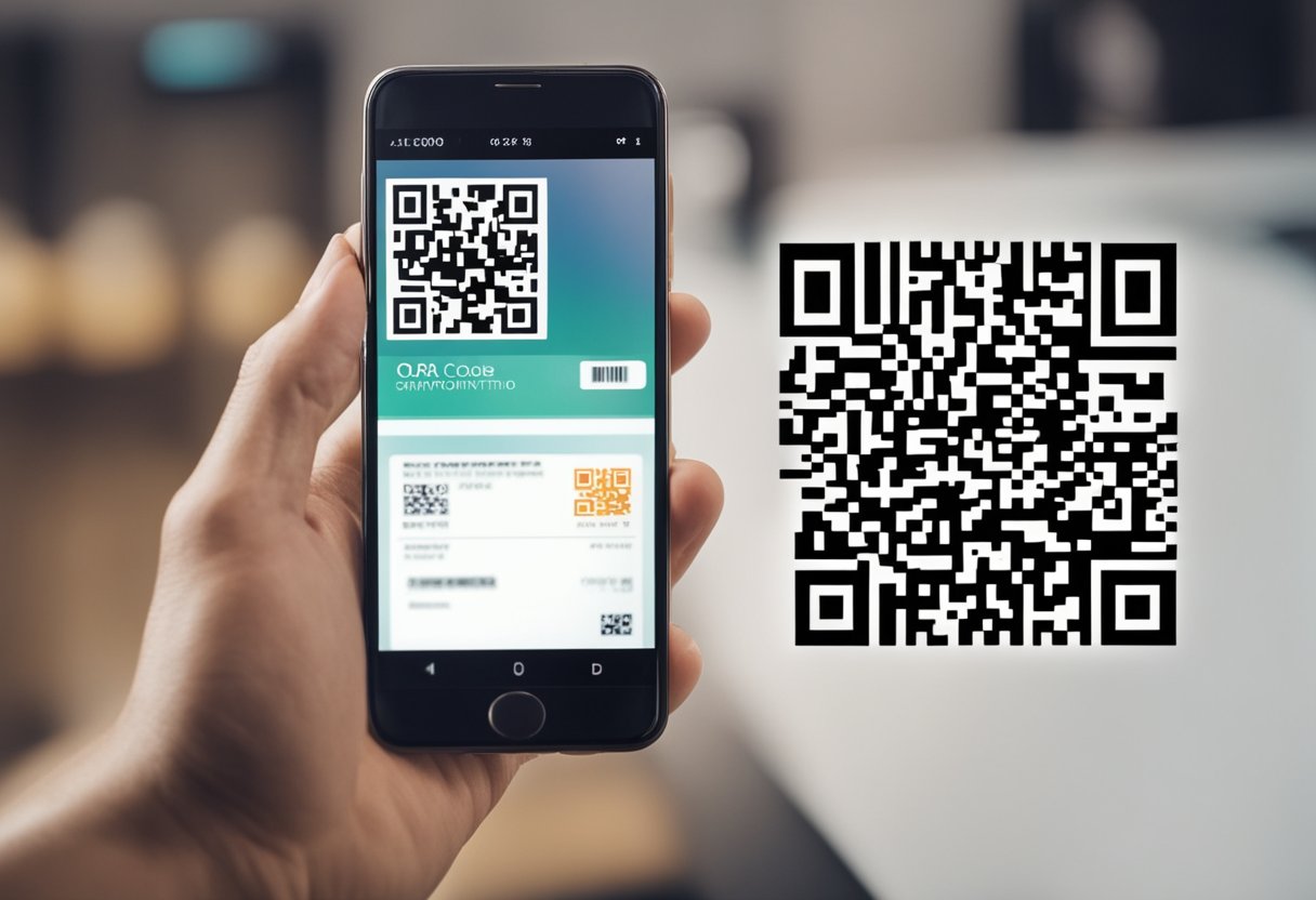Um smartphone exibindo um código QR sendo escaneado por outro smartphone, com uma confirmação de pagamento digital aparecendo na tela