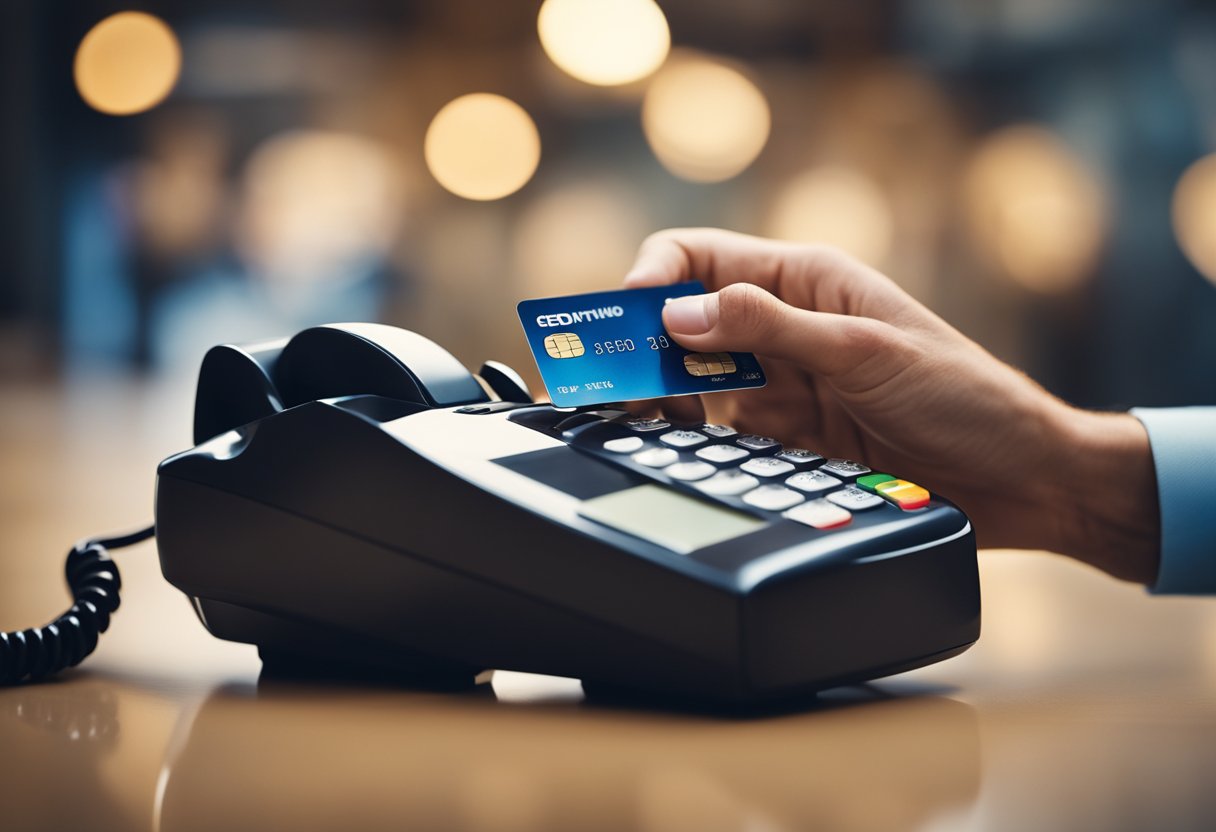 Uma mão segurando um cartão de crédito sai de um receiver de telefone