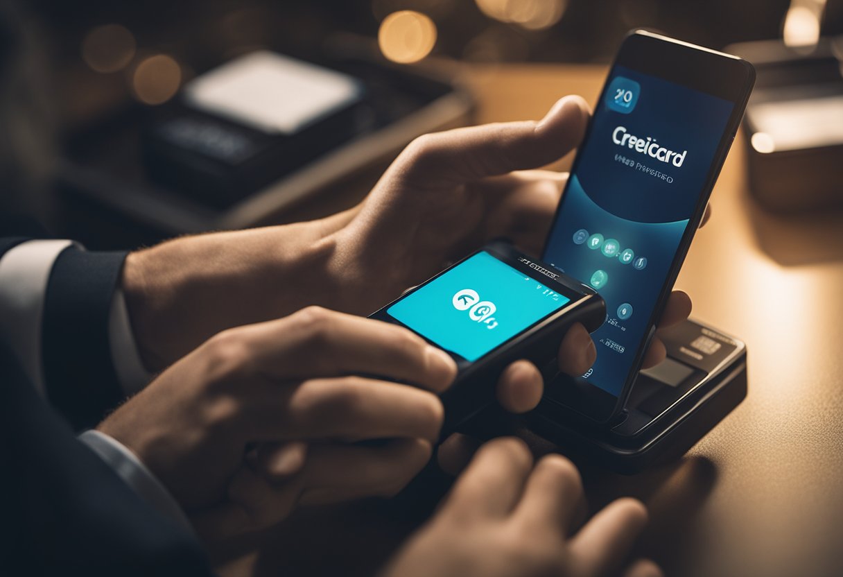 Uma pessoa discando um telefone com um logo da Credicard Pop ao fundo