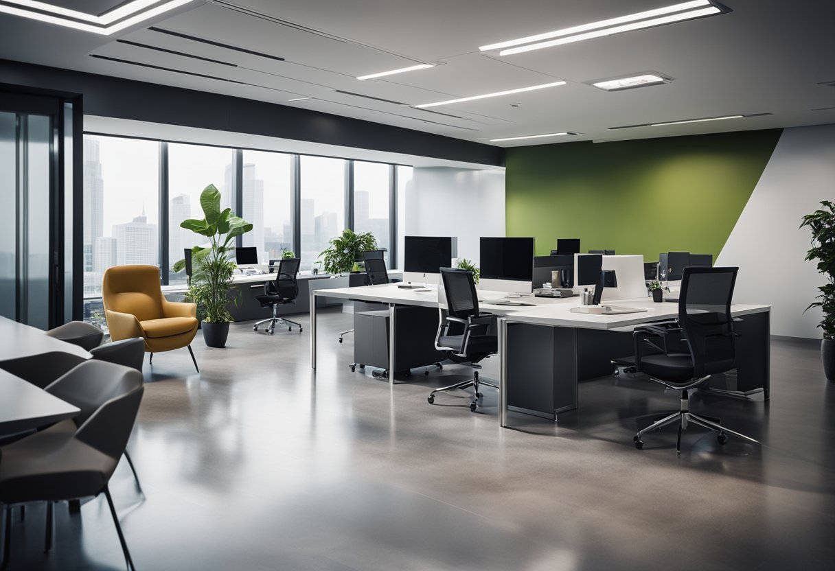 Um ambiente de escritório moderno com um logotipo elegante exibido de forma proeminente, cercado por indivíduos confiantes e profissionais envolvidos em trabalho produtivo.