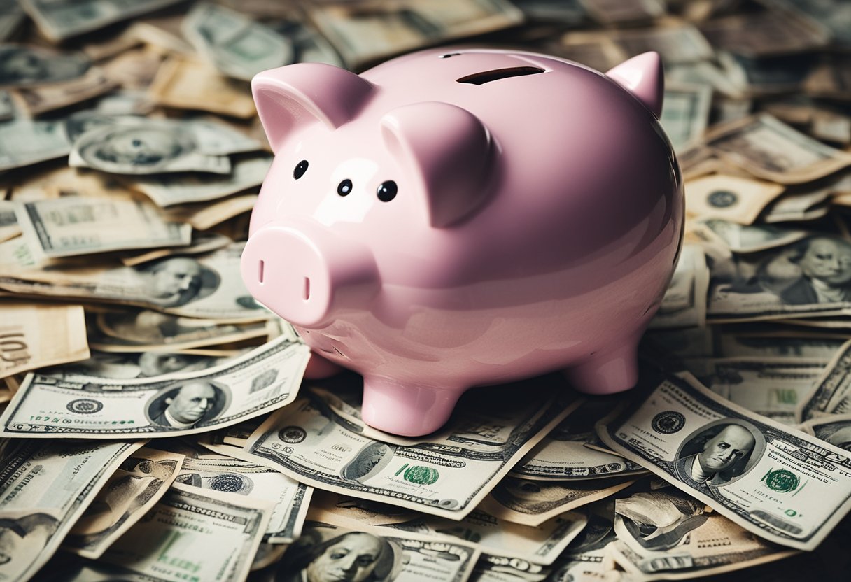 Um porquinho cercado por várias ofertas e opções financeiras, com um ponto de interrogação pairando acima dele