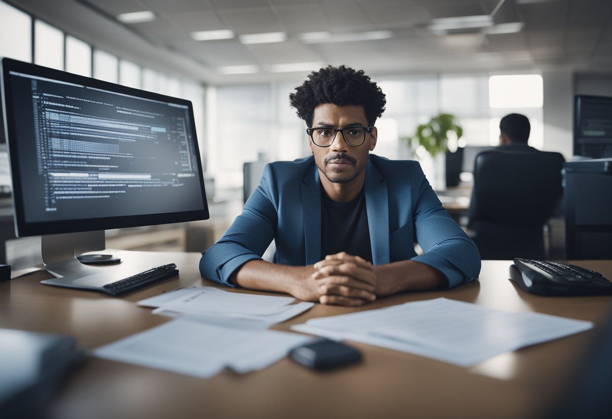 Uma pessoa sentada em uma mesa com uma expressão preocupada, cercada por papéis e uma tela de computador exibindo uma mensagem de erro.