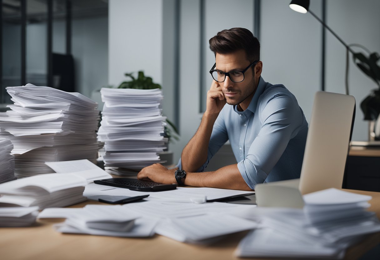 Uma pessoa sentada em uma mesa com uma expressão confusa, cercada por papéis e um computador, tentando descobrir como resolver seus benefícios de desemprego bloqueados.