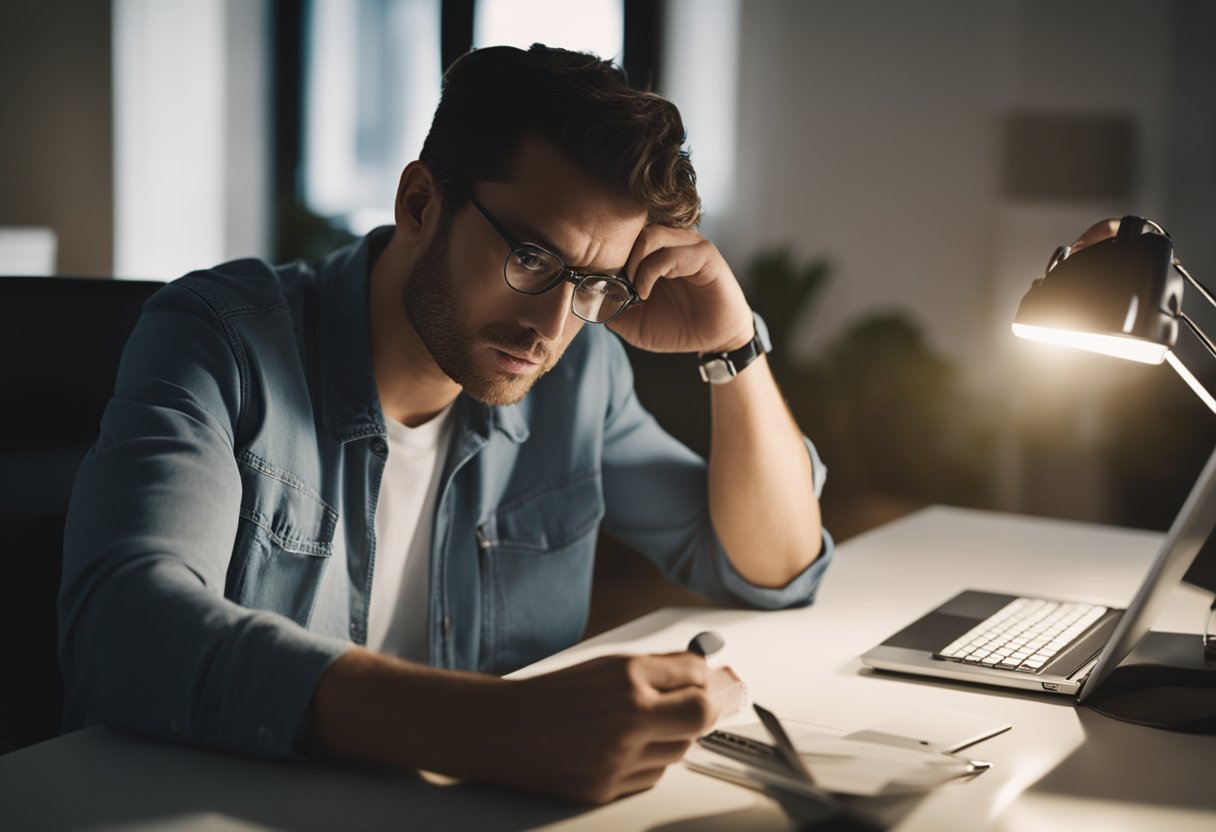 Uma pessoa sentada em uma mesa, parecendo frustrada enquanto tenta desbloquear seu crédito de seguro-desemprego online.