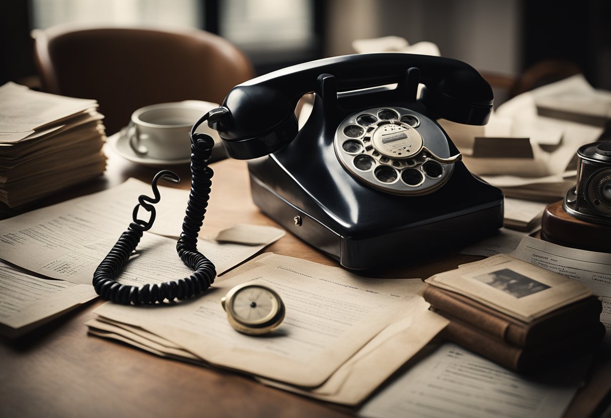 Um telefone vintage está sobre uma mesa, cercado por documentos antigos e fotografias desbotadas.