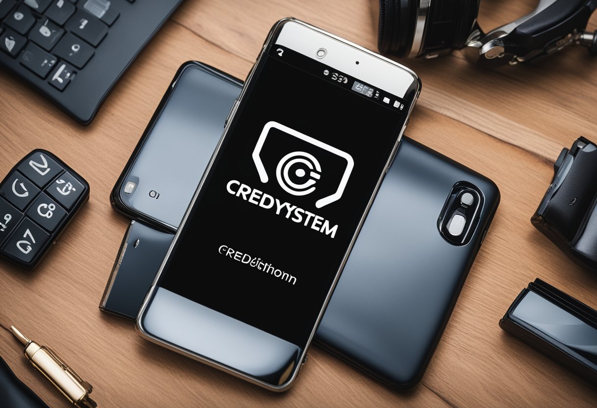 Um telefone com o logo da Credsystem cercado por vários produtos