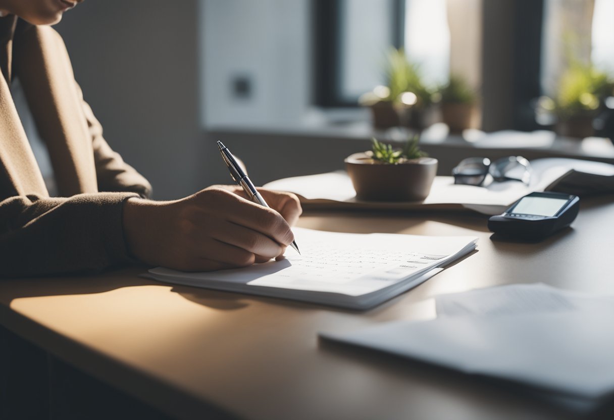 Uma pessoa sentada em uma mesa, preenchendo documentos com uma caneta, enquanto um calendário na parede mostra a data