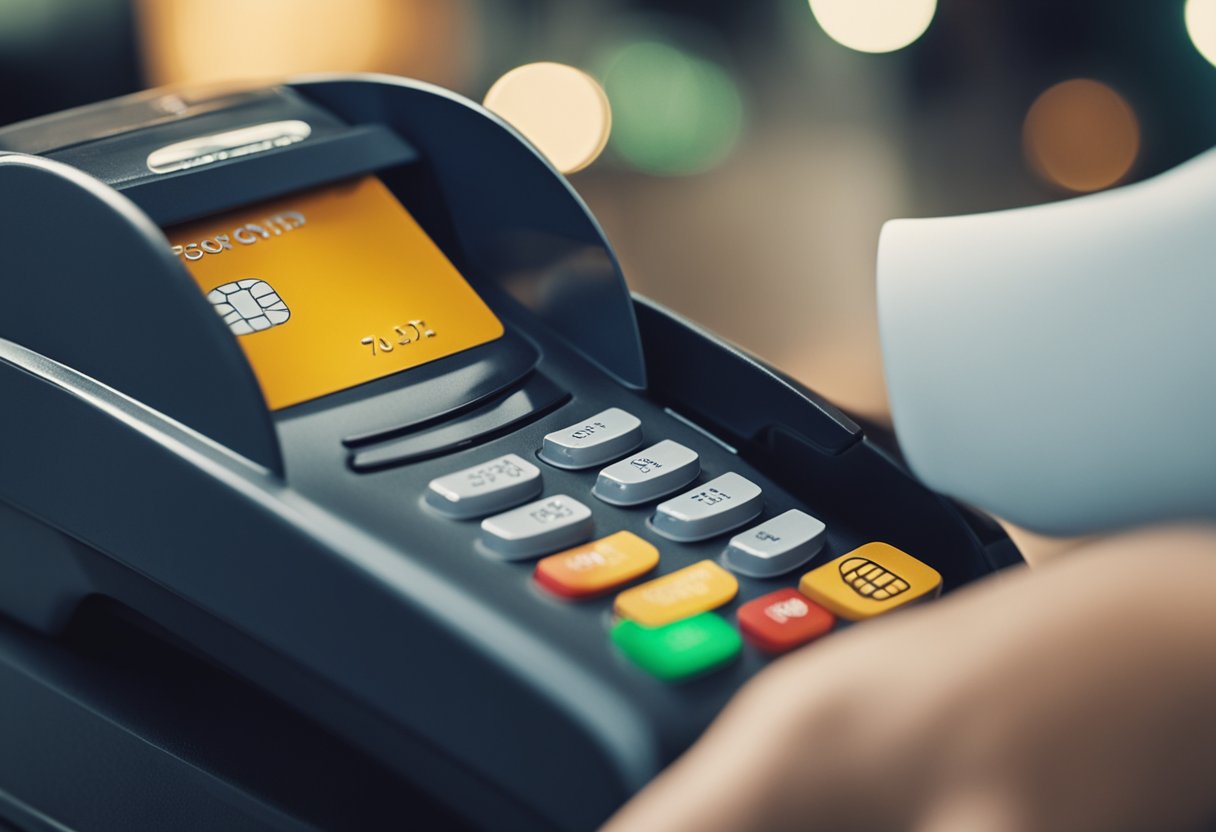 Uma mão inserindo um cartão de crédito em um leitor de cartões em um terminal de pagamento