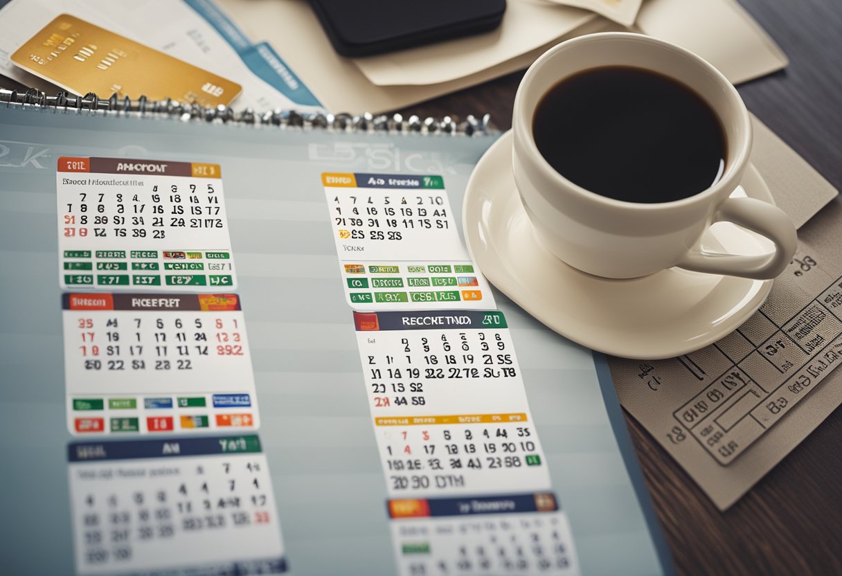 Um calendário com uma data marcada, um cartão de crédito e um recibo de pagamento