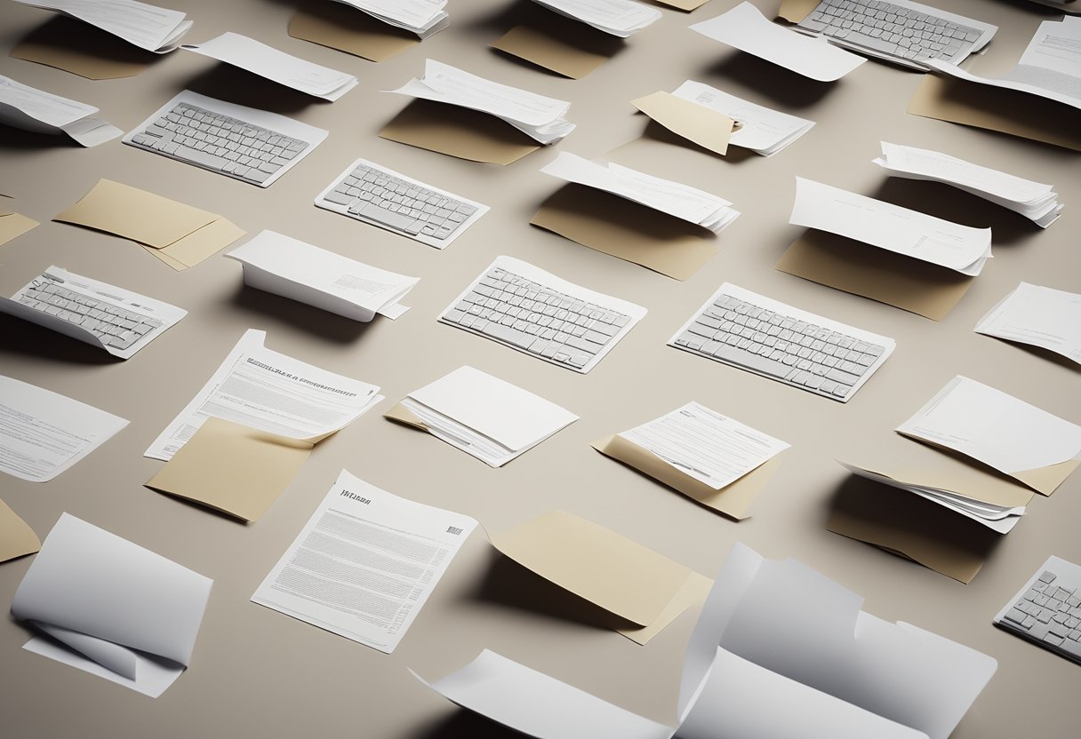 Uma mesa vazia com uma tela de computador exibindo uma mensagem de erro. Papéis e pastas estão espalhados ao redor, indicando uma busca por um documento perdido.