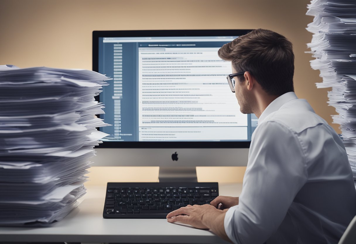 Uma pessoa confusa vasculhando uma pilha de papéis e pastas, com uma tela de computador exibindo uma mensagem de erro do Dataprev