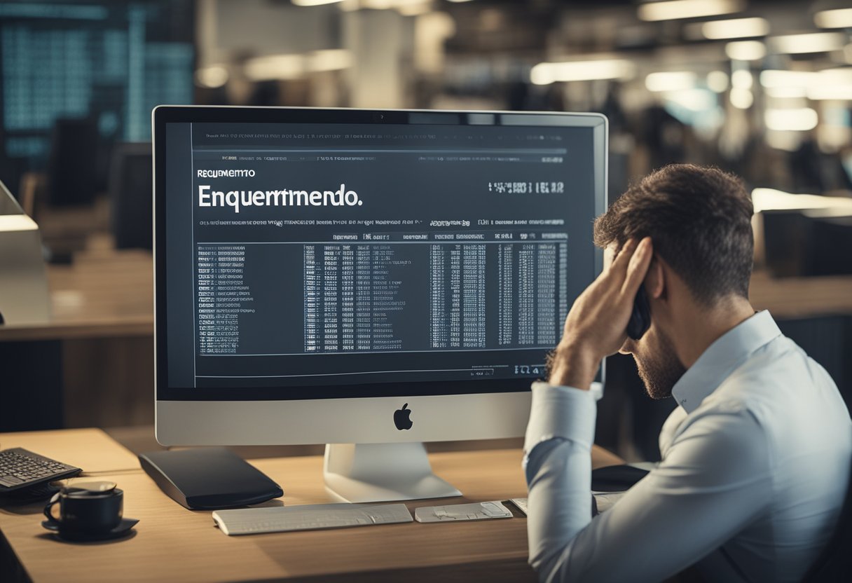 Uma pessoa confusa olhando para a tela do computador com uma mensagem de erro "Requerimento Não Encontrado" exibida, enquanto coça a cabeça em frustração.