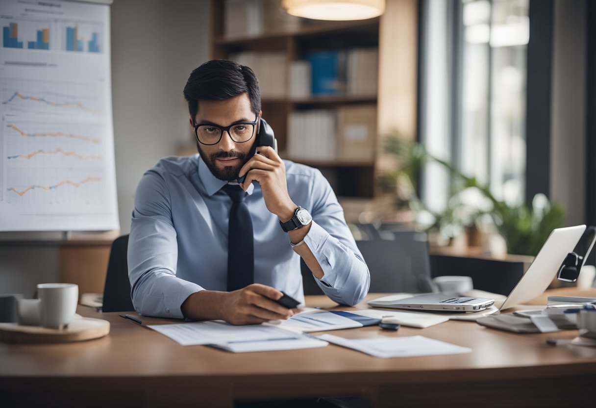 Uma pessoa sentada em uma mesa com um telefone e papéis, cercada por gráficos e tabelas, representando elegibilidade e condições para auxílio emergencial.
