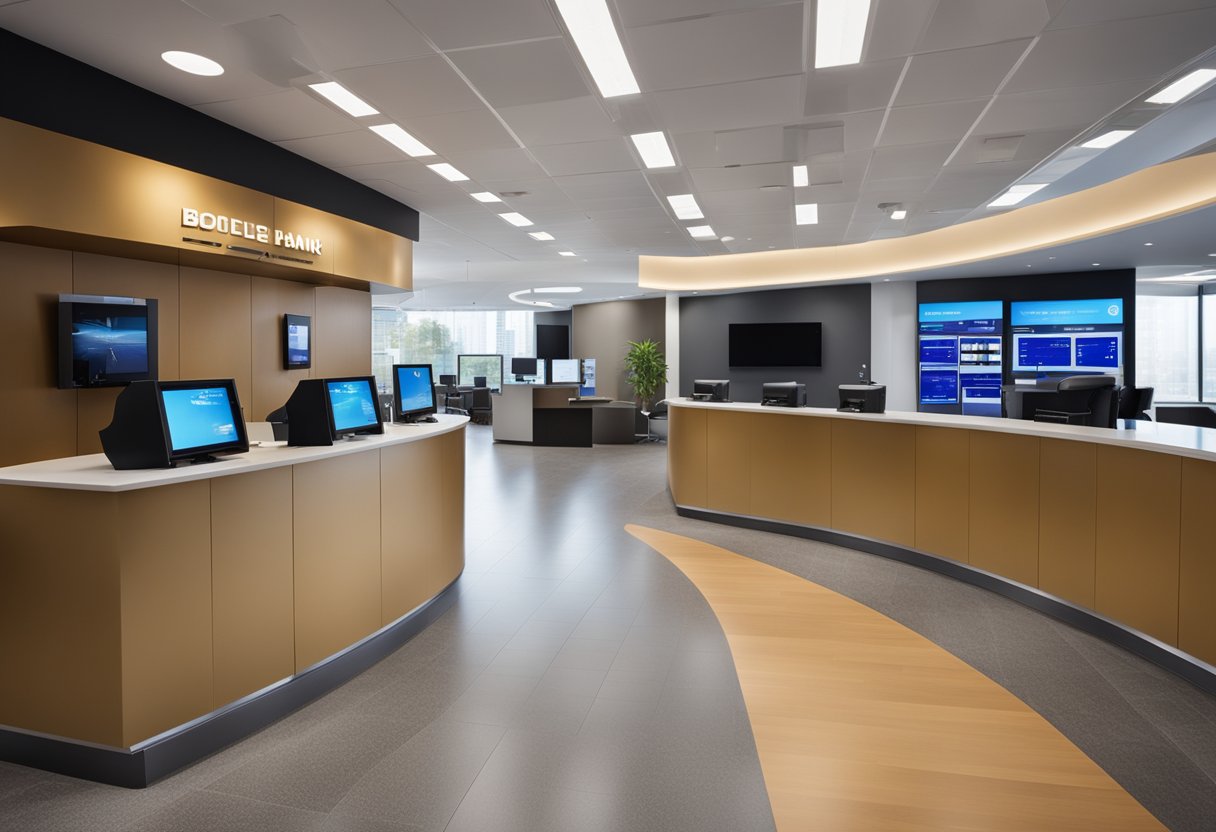 Uma agência bancária moderna e elegante com telas digitais e equipamentos de alta tecnologia