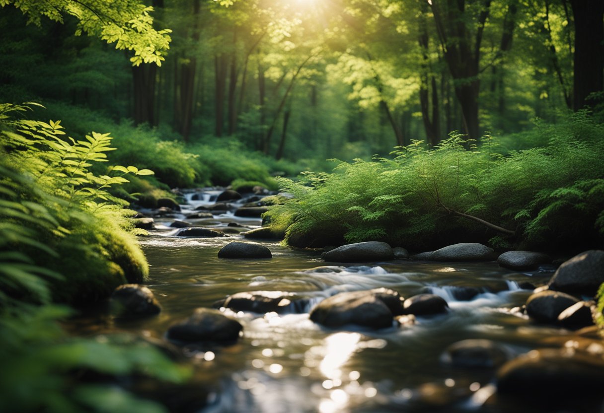 Uma floresta tranquila com um riacho murmurejante e folhagem vibrante
