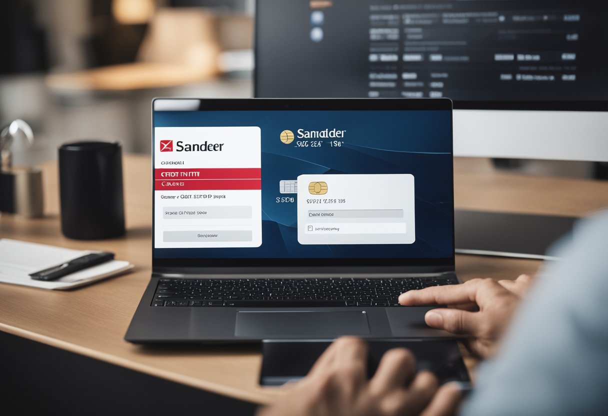 Uma pessoa segurando um cartão de crédito Santander enquanto olha para uma tela de computador mostrando o processo de avaliação do limite de crédito