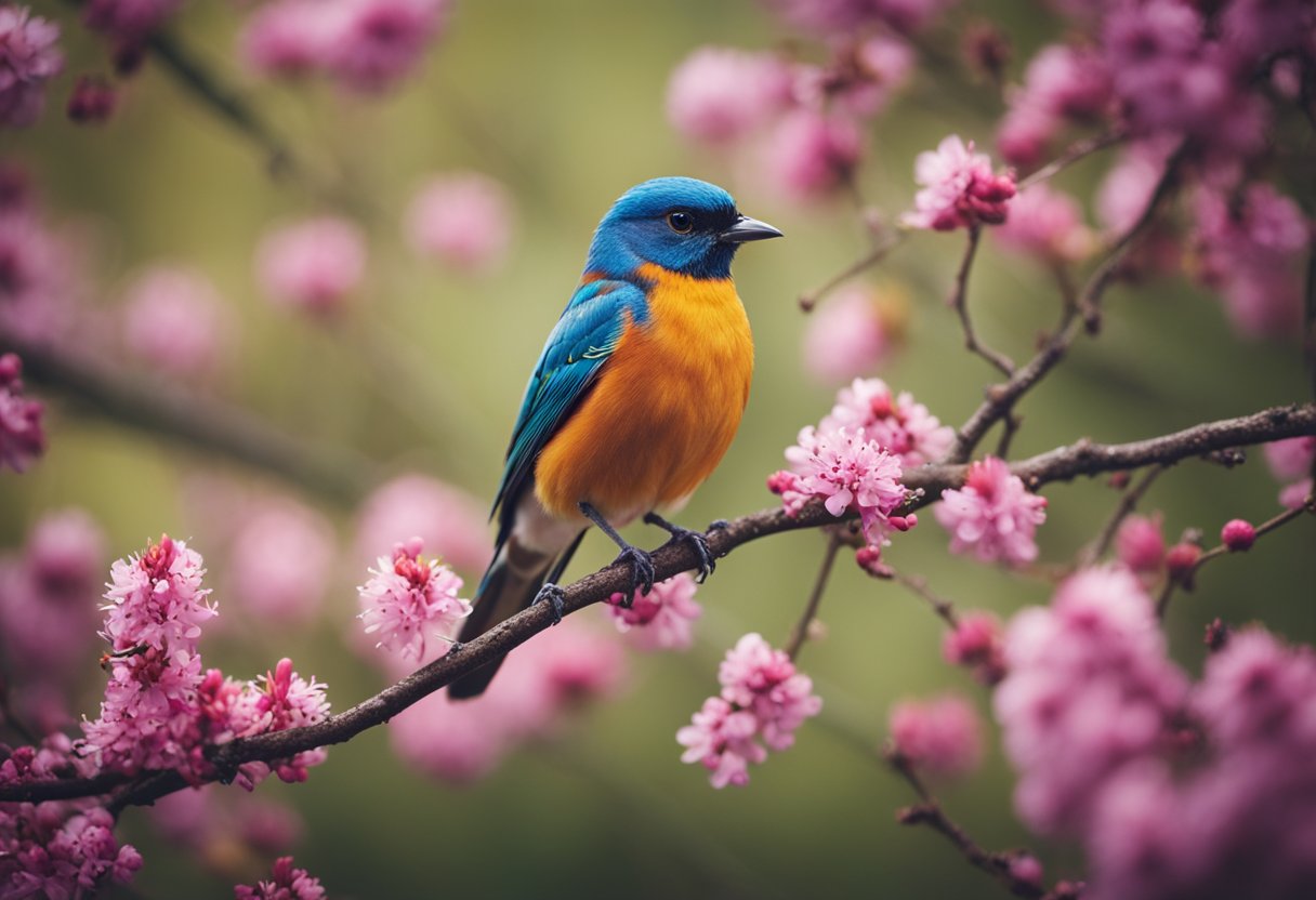 Um pássaro colorido empoleirado em um galho florescendo