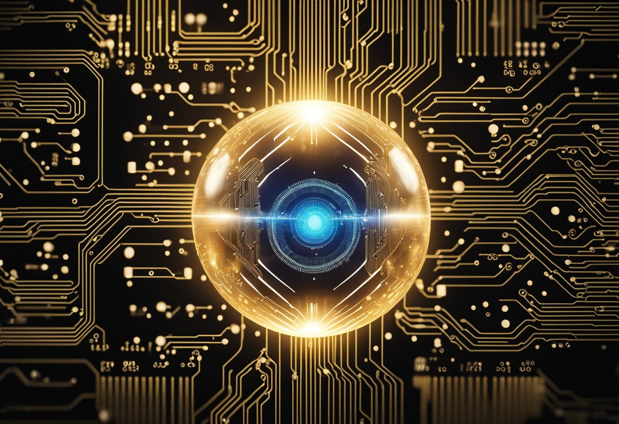 Uma esfera brilhante flutua acima de uma placa de circuito, emitindo ondas de energia