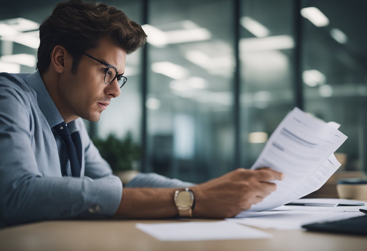 Uma pessoa preenchendo documentos complicados enquanto parece frustrada e estressada.