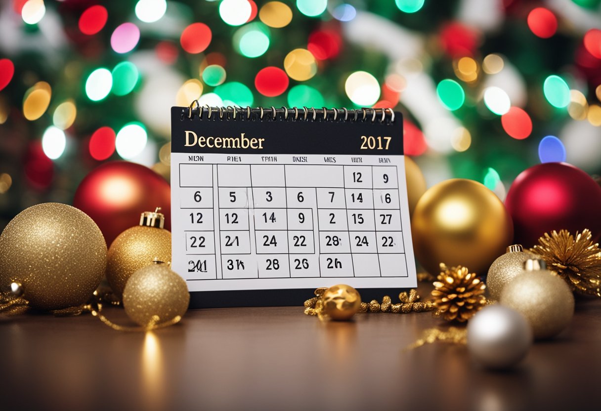 Um calendário com o mês de dezembro destacado, cercado por decorações festivas e um símbolo de pagamento indicando o pagamento do 14º salário.