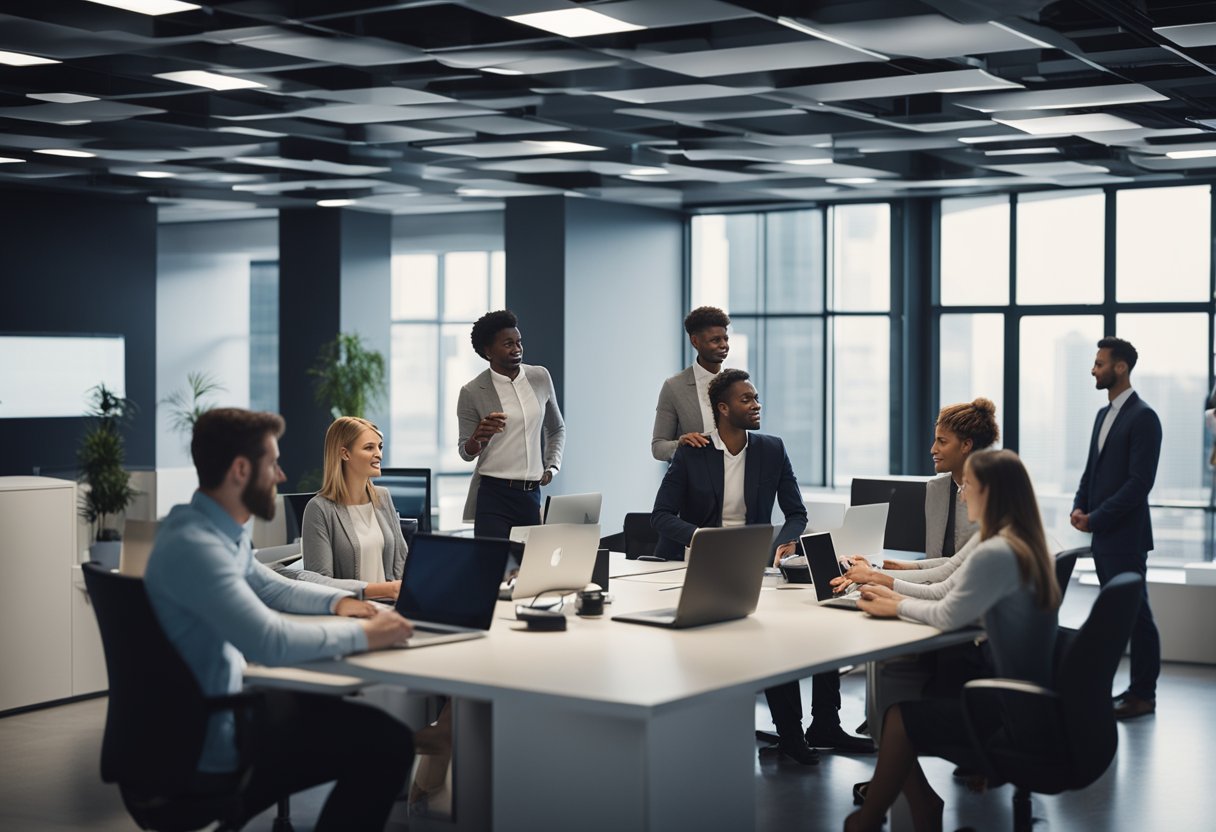 Um grupo de pessoas em um ambiente de escritório moderno, usando dispositivos digitais para fazer pagamentos e transações.