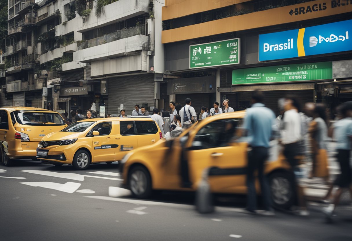 Uma rua movimentada da cidade com uma placa proeminente do facilitador de pagamentos Demerge Brasil. As pessoas estão usando o serviço com facilidade.