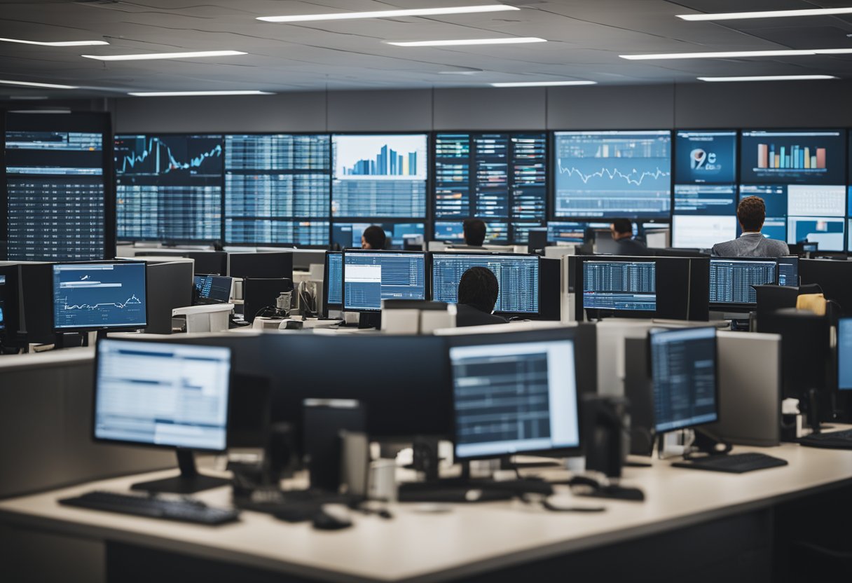 Um ambiente de escritório moderno com telas de computador exibindo transações financeiras e funcionários trabalhando em suas mesas