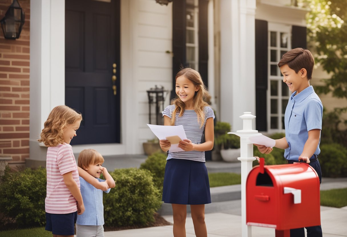 Uma família aguarda ansiosamente na caixa de correio, enquanto um funcionário do governo entrega uma carta com os benefícios atualizados.
