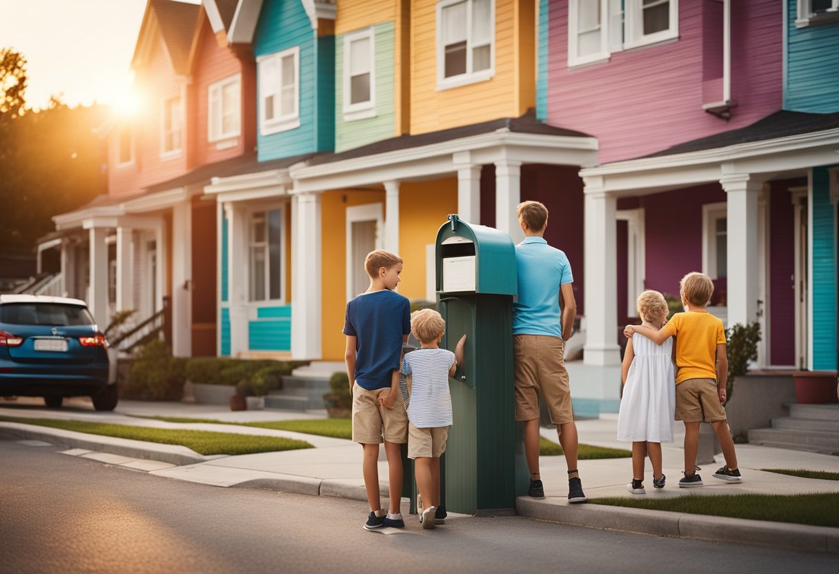 Uma família espera ansiosamente pela caixa de correio, cercada por casas coloridas, enquanto o sol se põe em uma rua tranquila.